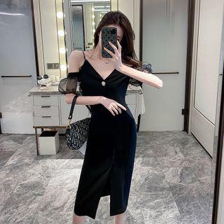 Panel Sleeve Buttoned Could-shoulder Midi Dress