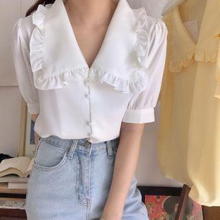 Puff-sleeve Collared Plain Blouse