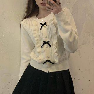 Bow Ruffle Trim Cropped Cardigan White - One Size