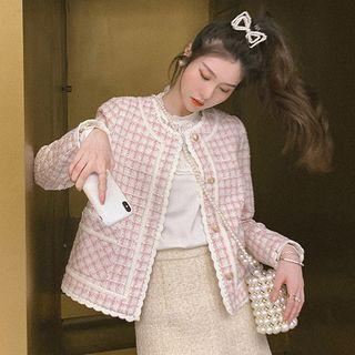 Long-sleeve Plain Lace Top / Long-sleeve Plaid Tweed Cropped Cardigan / High-waist Tweed Mini Skirt