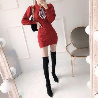 Collared Cable-knit Dress With Lightweight Scarf