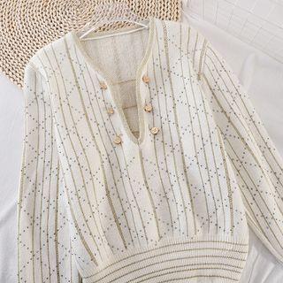 V-neck Argyle Striped Knit Top Almond - One Size