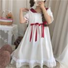 Collared Short-sleeve Double Bow A-line Dress As Shown In Figure - One Size
