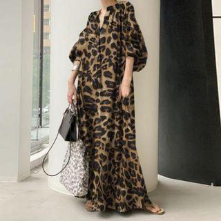 3/4-sleeve Leopard Print Maxi Dress
