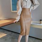 High-waist Faux Leather Split A-line Skirt