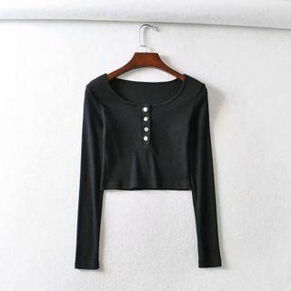 Long-sleeve Cropped Henley Top