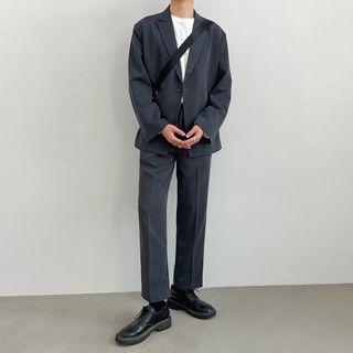 Set: Letter Embroidered Blazer + Straight Leg Pants