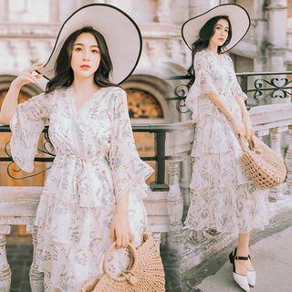 Floral Flared-sleeve Midi A-line Dress