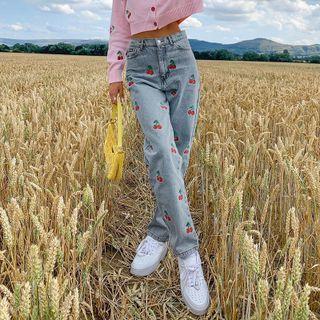 High Waist Cherry Embroidery Straight Leg Jeans