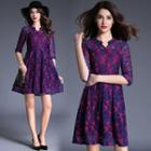 3/4-sleeve Floral Print Crewneck A-line Slim Lace Long Sheath Dress