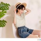 Short-sleeve Peter Pan Collar Floral Sequined Blouse