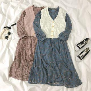 Long-sleeve Floral Print A-line Dress / Knit Vest