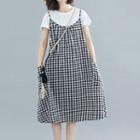 Plaid Short-sleeve Midi A-line Dress Gingham - One Size