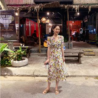 Gathered Floral Chiffon Long Dress