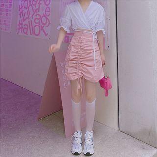 Short-sleeve Drawstring V-neck Top / Plain A-line Mini Skirt