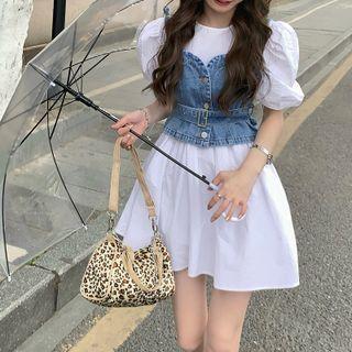 Puff-sleeve Mini A-line Dress / Denim Camisole Top