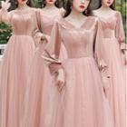 Long-sleeve Mesh Panel A-line Bridesmaid Dress