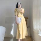 Elbow-sleeve A-line Wrap Midi Dress