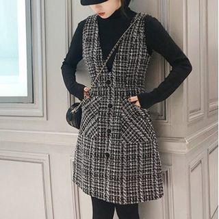 Set: Long-sleeve Mock-neck Top + Plaid A-line Overall Dress