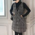 Set: Long-sleeve Mock-neck Top + Plaid A-line Overall Dress