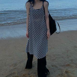 Spaghetti Strap Plaid Dress Black & White - One Size