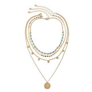 Set: Flower Pendant Alloy Necklace + Disc Fringed Alloy Necklace + Turquoise Bead Alloy Choker 2858 - Gold - One Size