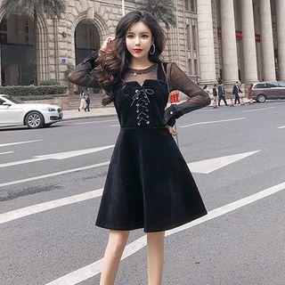 Set: Long-sleeve Glitter Mesh Top + Pinafore Dress