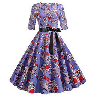 Elbow-sleeve Christmas-print Sashed A-line Dress