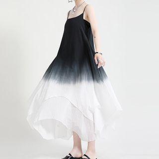 Spaghetti Strap Ombre Midi A-line Dress Black & White - One Size