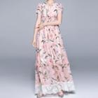 Short-sleeve Floral Print Lace Trim Maxi A-line Dress
