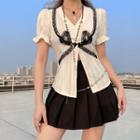 Short Sleeve V-neck Lace-panel Shirt