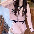Bow Accent Contrast Trim Cardigan / Mini Skirt