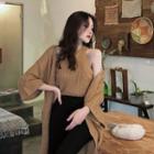 Set: Halter Knit Top + Long Cardigan Coffee - One Size