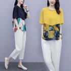 Set: Printed Short-sleeve T-shirt + Cropped Straight-fit Pants