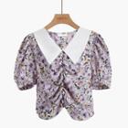 Short-sleeve Floral Print Blouse Floral - Purple - One Size