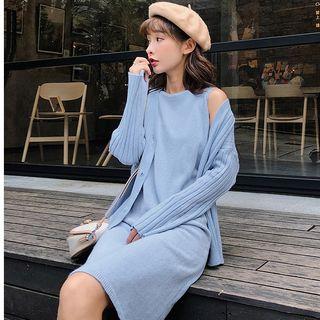 Set: Rib Knit Cardigan + Sleeveless Knit Dress
