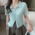 Elbow-sleeve Collared Zip-up Top