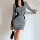 Long Sleeve Collar Zip-detail Color-block Mini Bodycon Dress