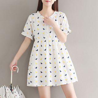 Short Sleeve Bird Print Buttoned Dress