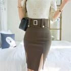 High-waist Faux-pearl Belted Silt Pencil Skirt