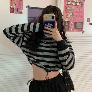 Cropped Striped Drawstring Sweatshirt Stripe Top - Gray & Black - One Size