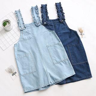 Frill Trim Wide-leg Denim Dungaree Shorts