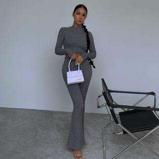 Set : Round-neck Plain Cropped Top + High-waist Plain Boot-cut Pants