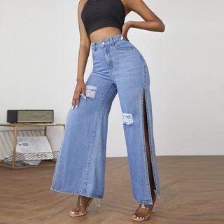 Slit Distressed Wide Leg Jeans