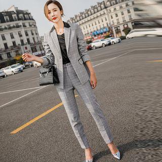 Set: One-button Plaid Blazer + Straight-cut Pants