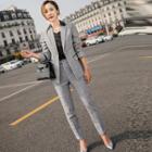 Set: One-button Plaid Blazer + Straight-cut Pants