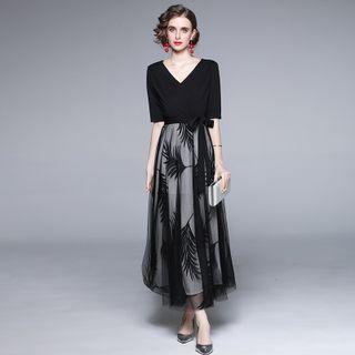 V-neck Mesh Panel Maxi A-line Dress