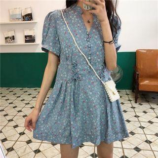 Short-sleeve Lace Up Floral Printed Dress