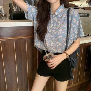 Short-sleeve Floral Print Shirt Blue - One Size