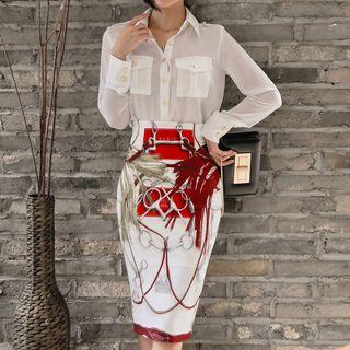 Set: Plain Shirt + Print Pencil Skirt